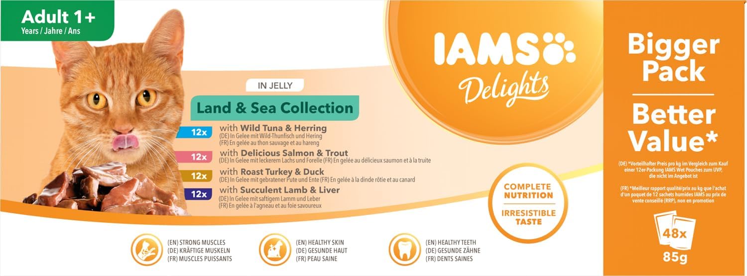 Thumbnail 5 de IAMS Delights Land & Sea Collection – Umido per gatti 72 x 85 g, 4 gusti (pollo-tacchino, agnello-peperoncino, tonno-piselli, salmone-merluzzo)