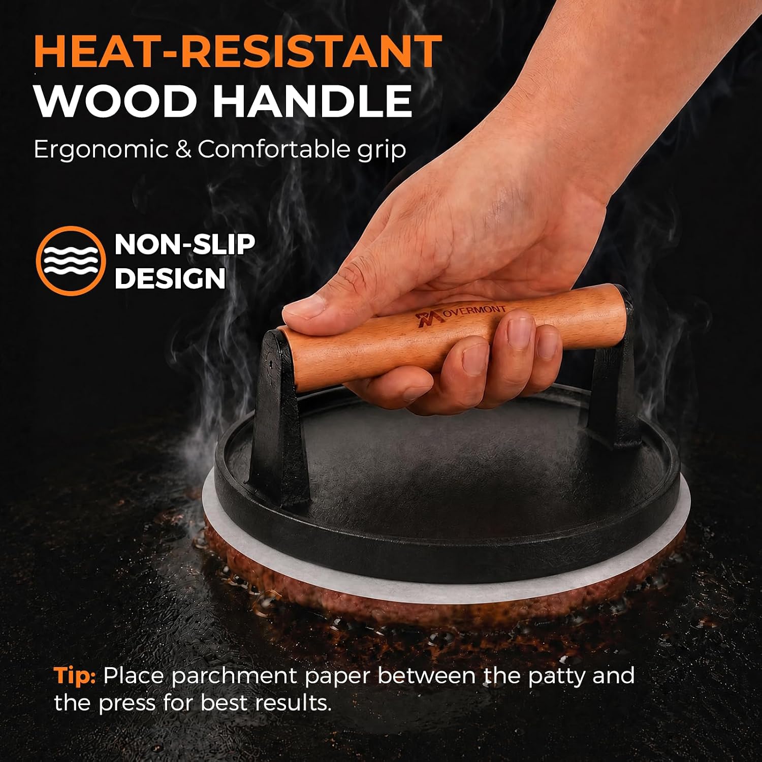 Detalle 1 de OVERMONT Round 7" Cast-Iron Smash Burger Press with Flat Base and Wood Handle