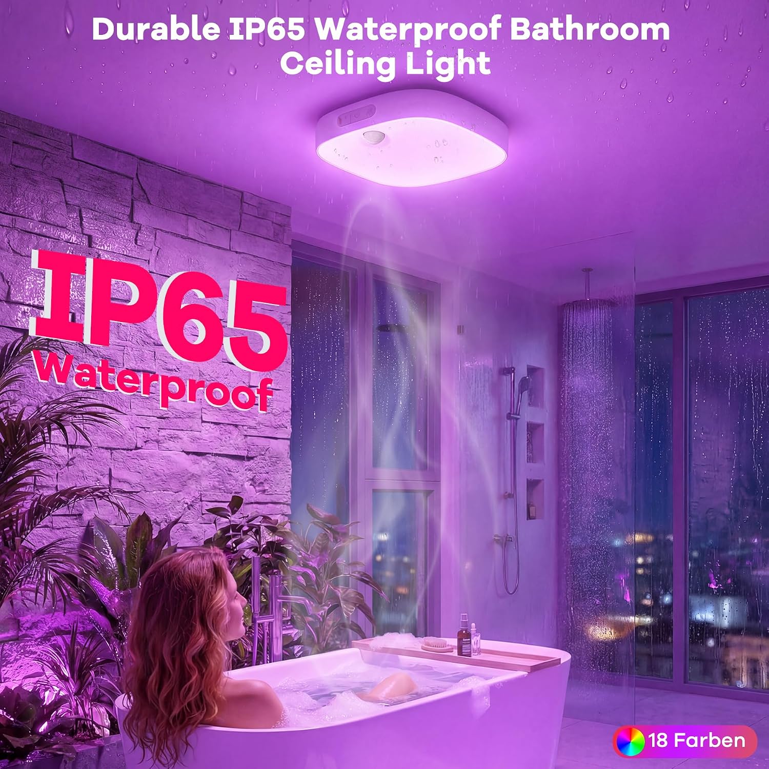 Detalle de ToyGlee Shower Light IP65 Waterproof: 18-Colour Motion Sensor Ceiling Light with 10000mAh Battery