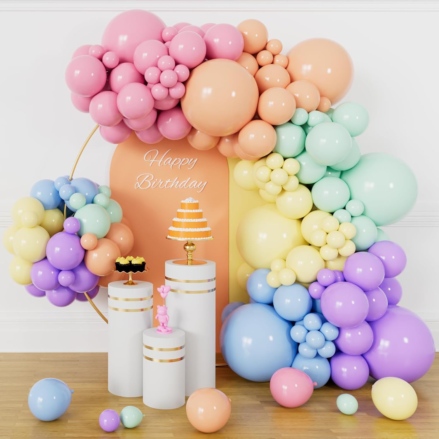 Detalle de Rainbow Pastel Balloons Arch Garland Kit (Latex, Assorted Sizes) — 114-Piece Party Decoration Set