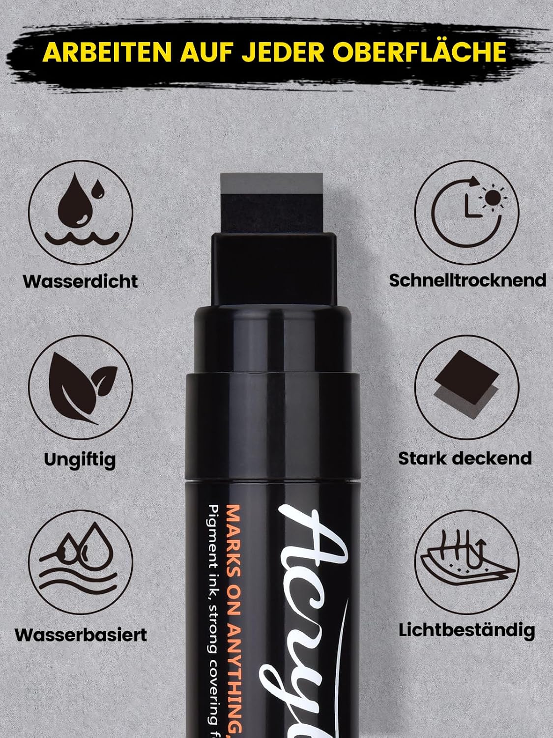 Detalle de Willingood 3x Schwarz Acrylstifte Jumbo Marker Set – 15 mm Spitze, wasserfest & schnelltrocknend