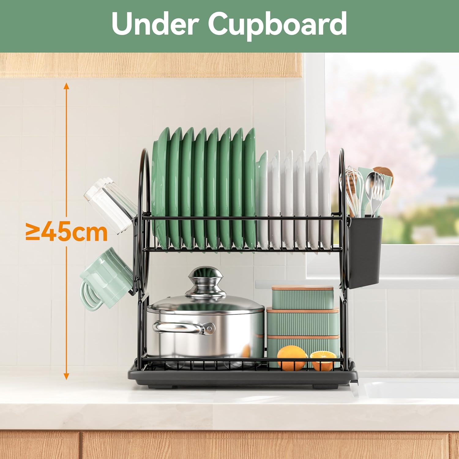 Thumbnail 6 de niffgaff 2‑Tier Black Dish Drying Rack for Kitchen Countertop – Stainless Steel Drainer with Drip Tray, Utensil Holder & Cup Holder for Small Spaces