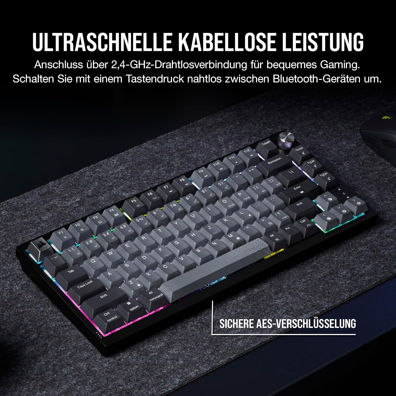 Detalle de Corsair K65 Plus Wireless 75% RGB Mechanische Tastatur (QWERTZ DE) mit MLX Red, Hot-Swap, PBT-Kappen