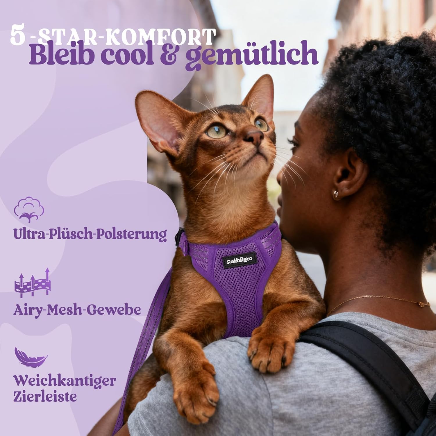 Detalle de Rabbitgoo Katzengeschirr mit Leine – Ausbruchsicher, verstellbar, weiches Brustgeschirr, Reflektierend, S (Lila)