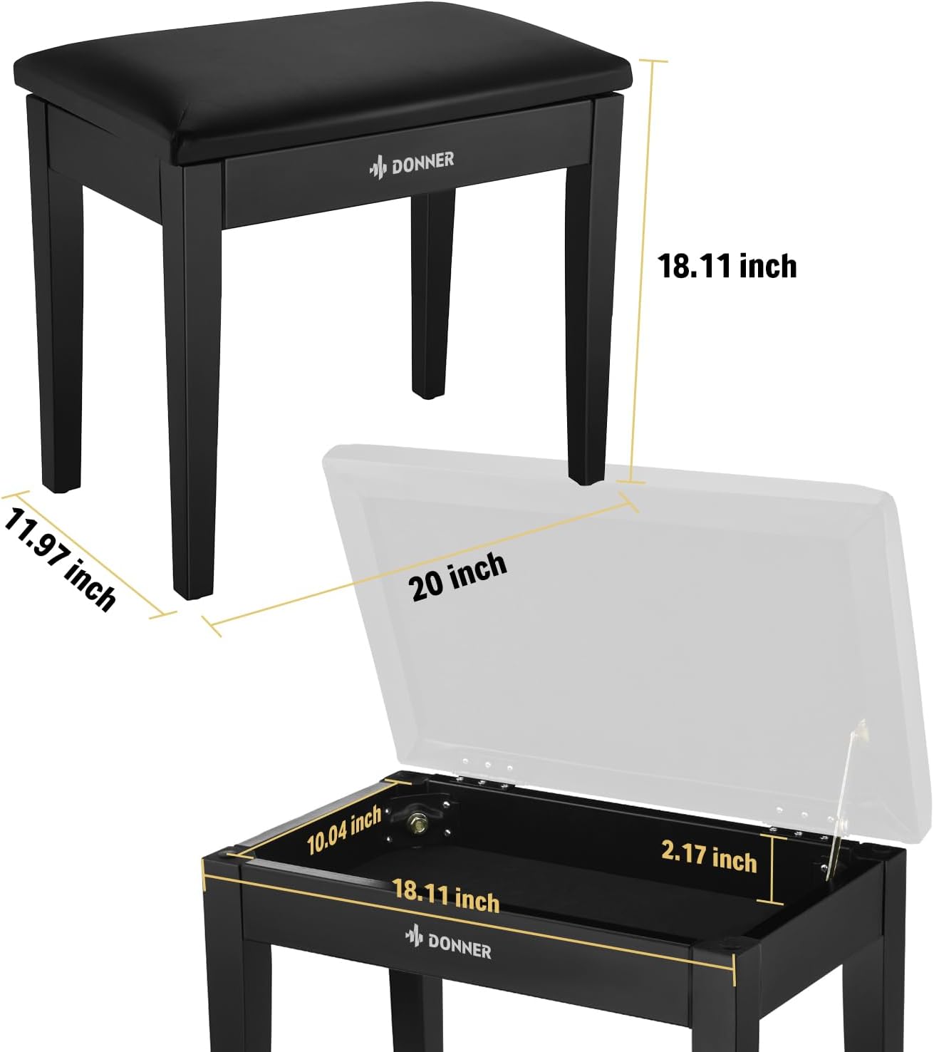 Detalle de Donner Piano Bench, Solid Wood
