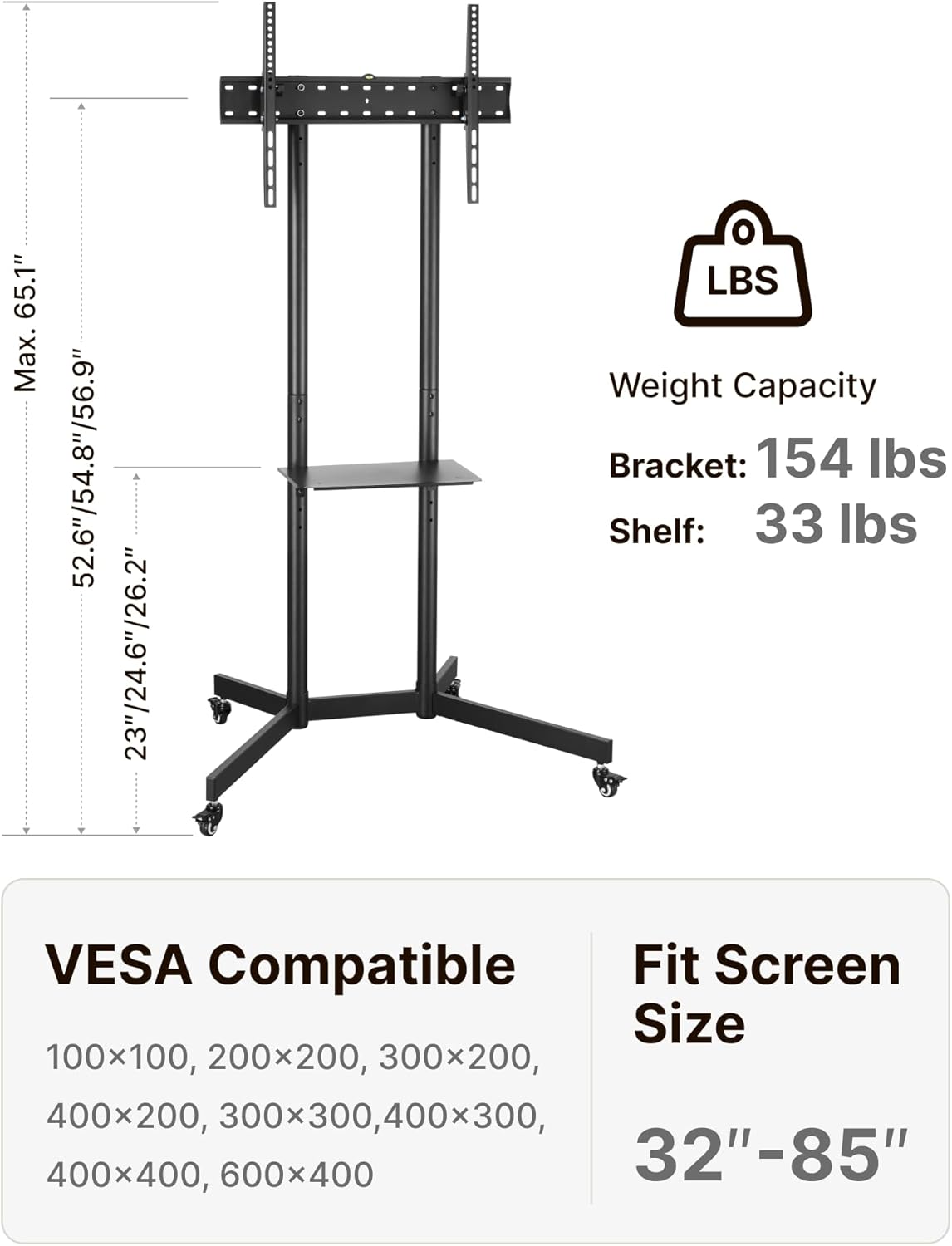 Detalle de ECOTINY Rolling TV Stand for 32–85" with 70 kg load capacity, tilt and locking wheels (Black)