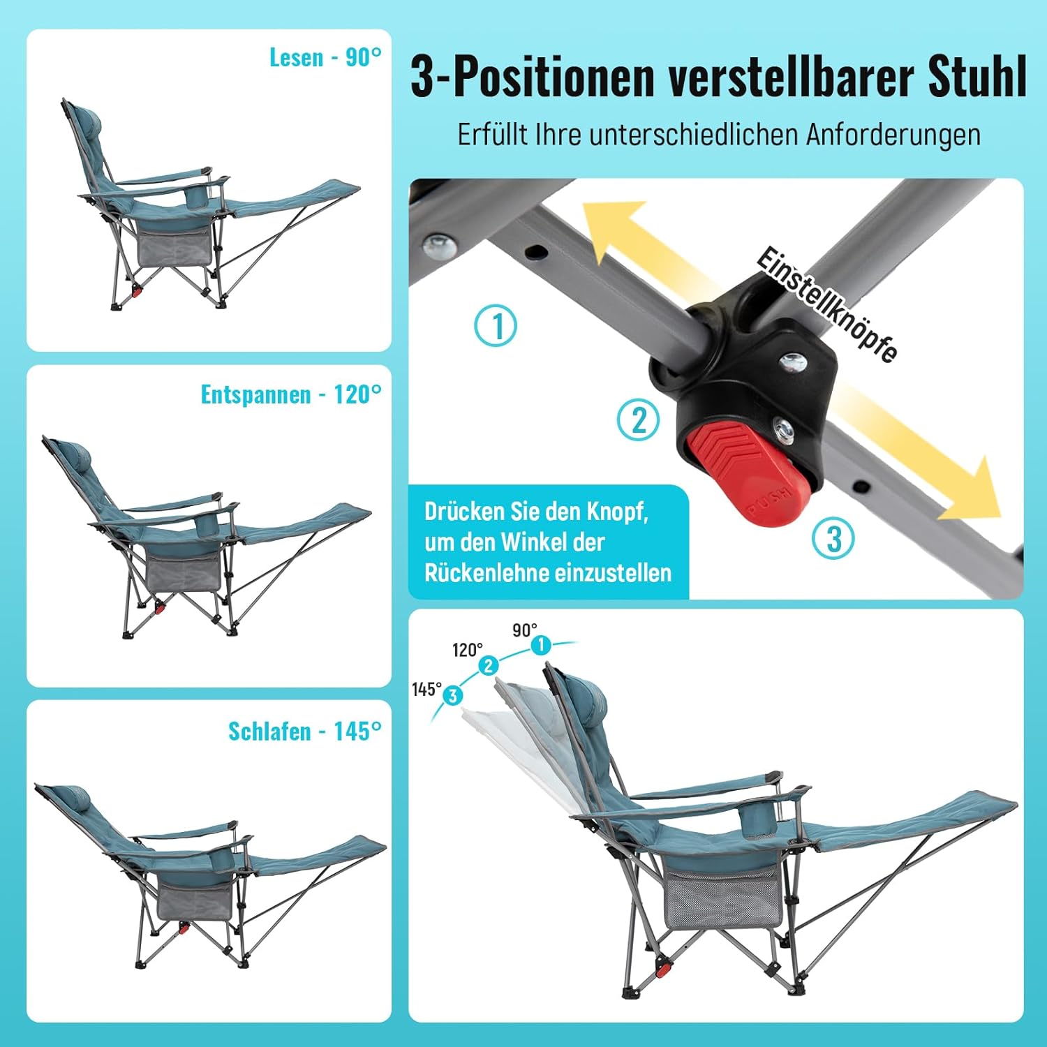 Detalle de WEJOY 2-in-1 Campingstuhl Faltbar mit Fußstütze – gepolstert, 3 Positionen, 2er Set ( Cyan )