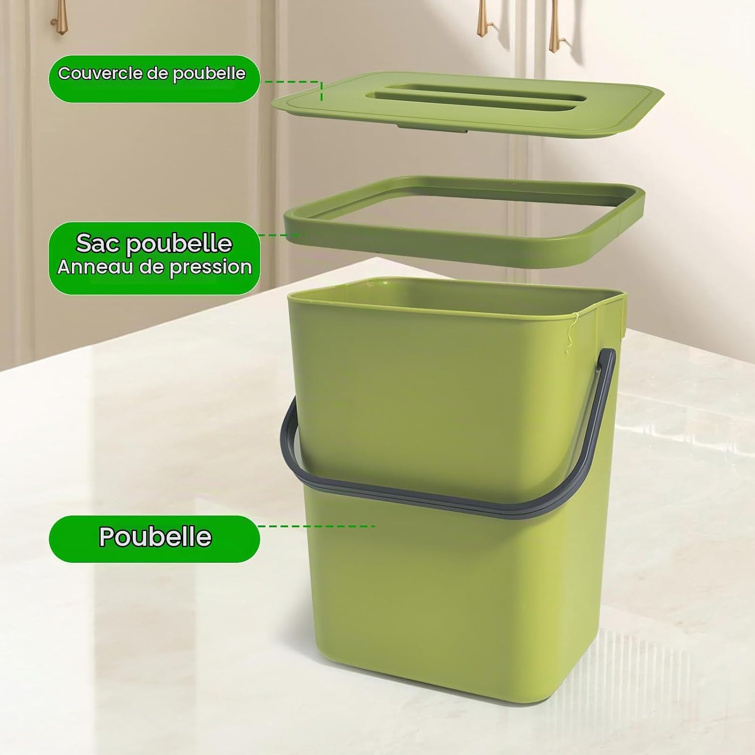 Detalle de LINLINOI hangende afvalemmer van 5 liter met deksel, groen