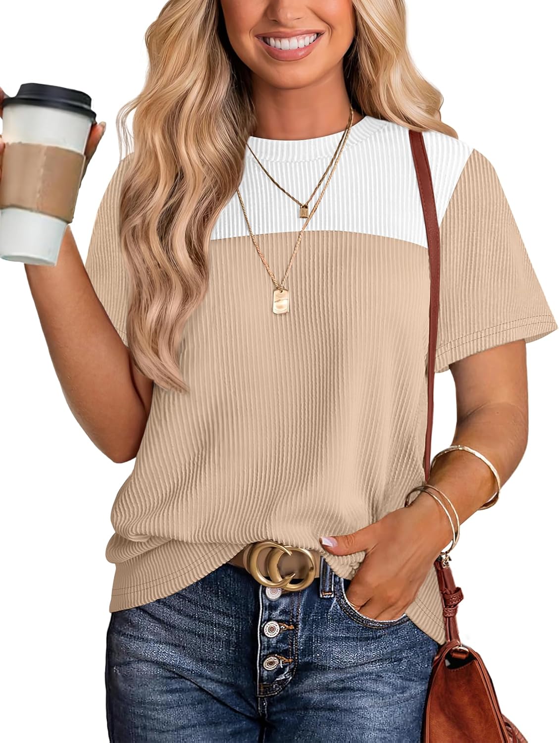 Detalle 2 de WIHOLL Women’s Color Block Short Sleeve Crewneck Knit Shirt (Spring/Summer)
