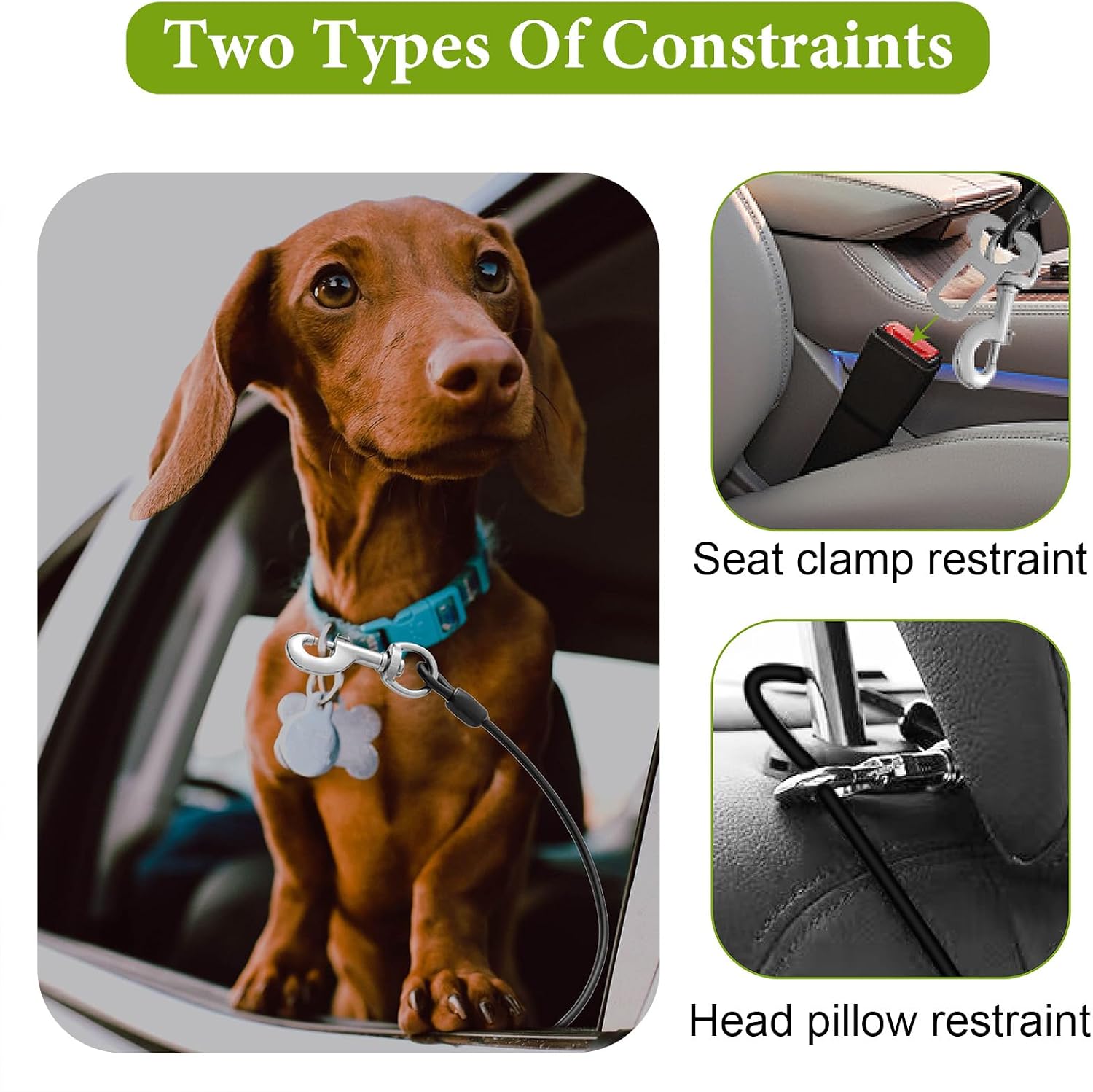 Detalle 2 de 2PCS Chew-Proof Dog Car Seatbelt, 24 inch Safety Restraint with Coated Wire and Double Clips (Black)
