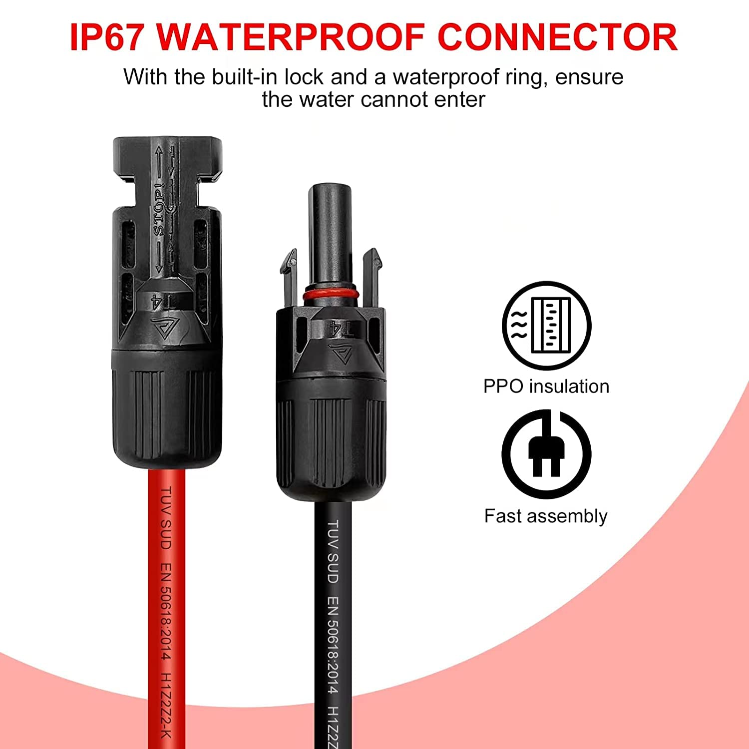 Detalle de Solarkabel 6 mm² / Verlängerungskabel 4 mm² mit Steckern (Rot/Schwarz) – 2 m für Photovoltaik