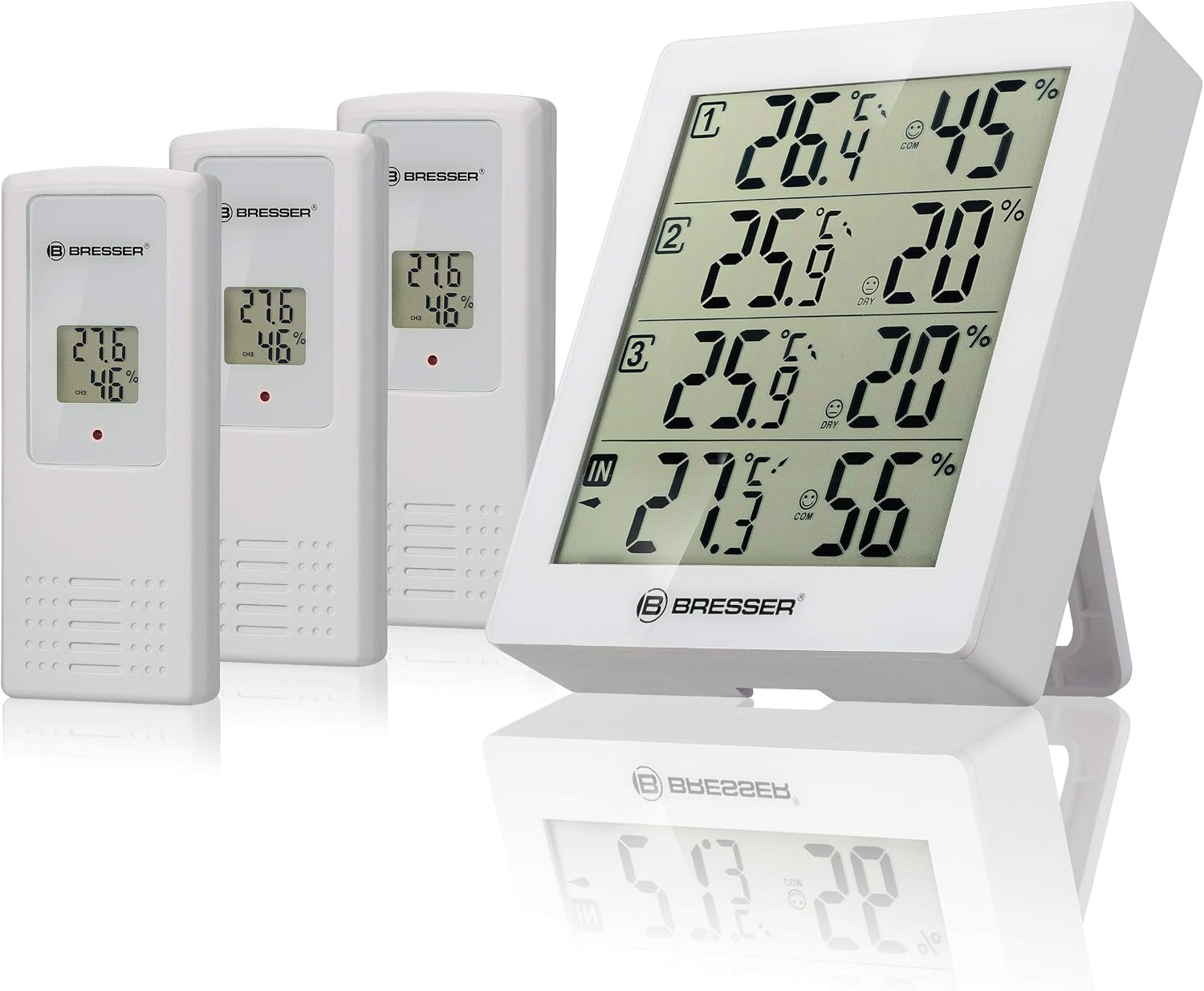Detalle de BRESSER termoiogrometro bianco con 3 sensori remoti e stazione base LCD