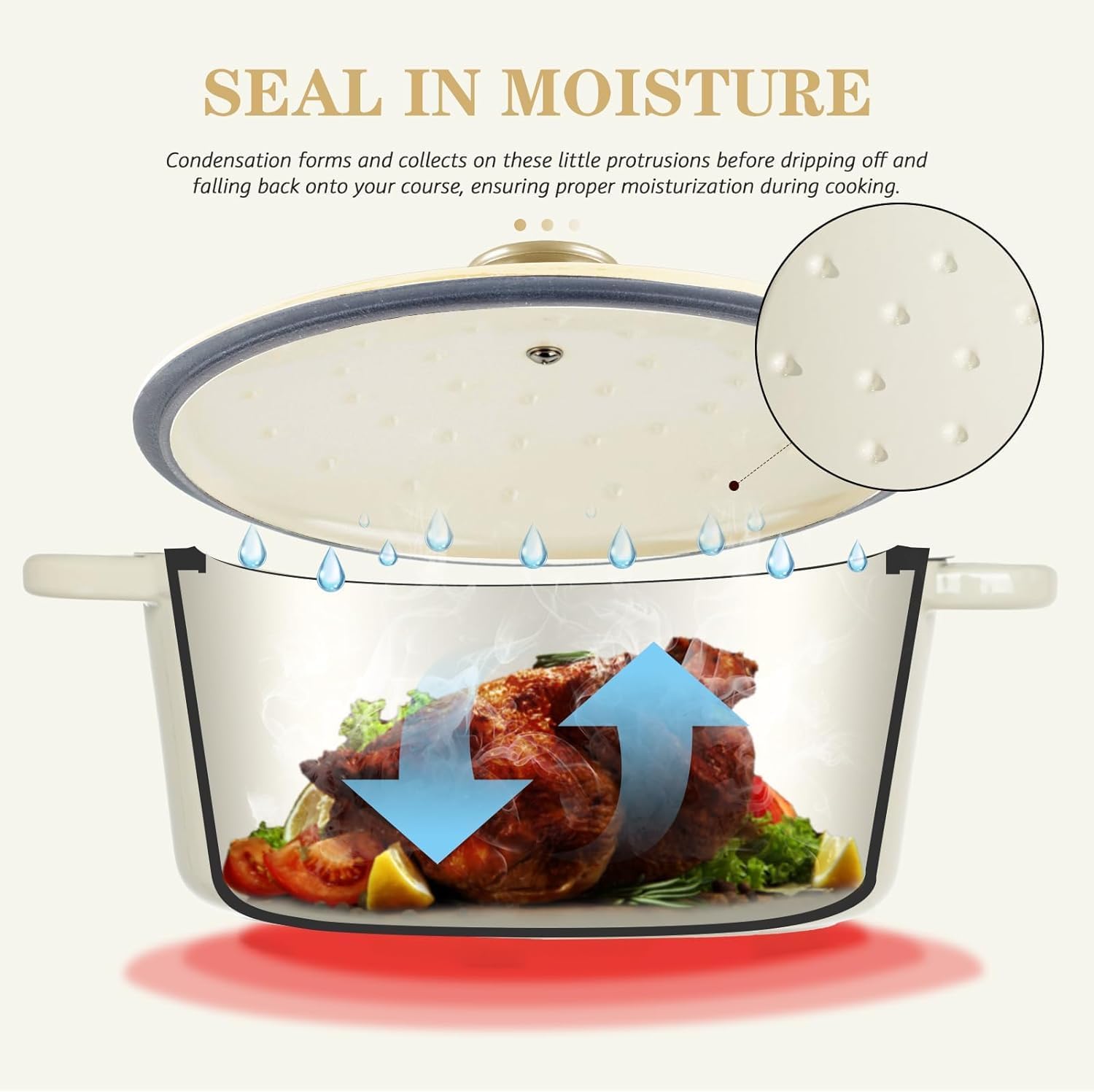 Detalle de Overmont 26cm Enamelled Cast Iron Round Casserole Pot with Lid – 5.2L Cream White