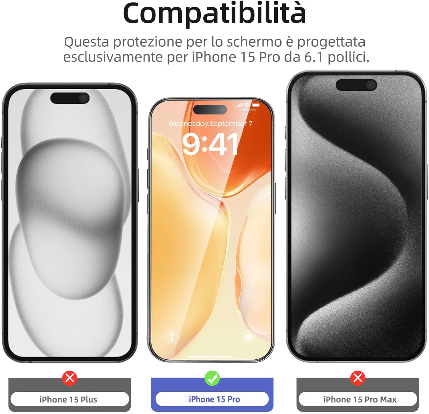 Thumbnail 1 de NEW’C 3 Pezzi pellicola protettiva schermo intero per iPhone 15 Pro 6,1” (installazione automatica, vetro temperato)