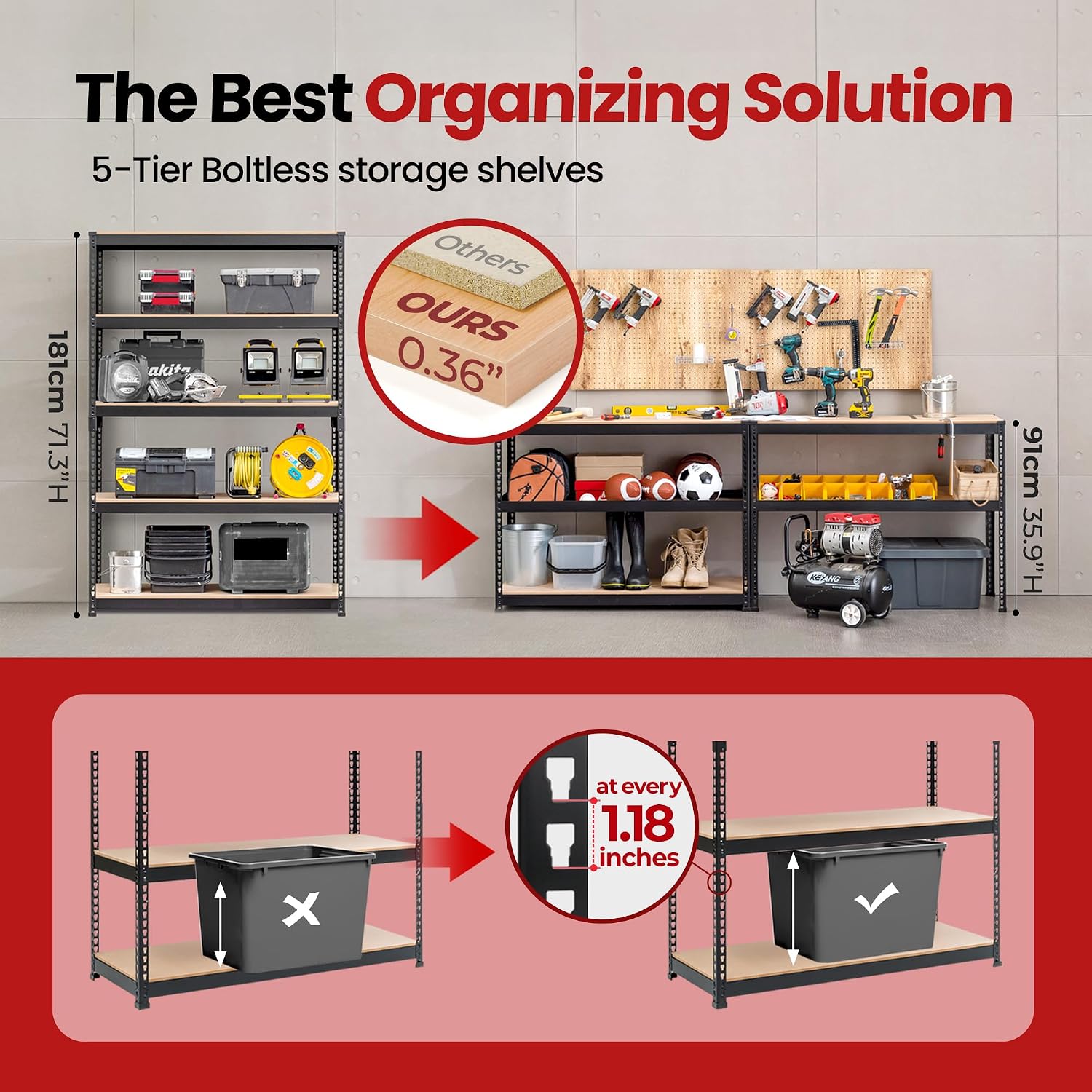 Thumbnail 4 de HOMEDANT US-SSBBM9-120-045-180-5S-1Pack 5-Tier Metal Shelving Unit, Black