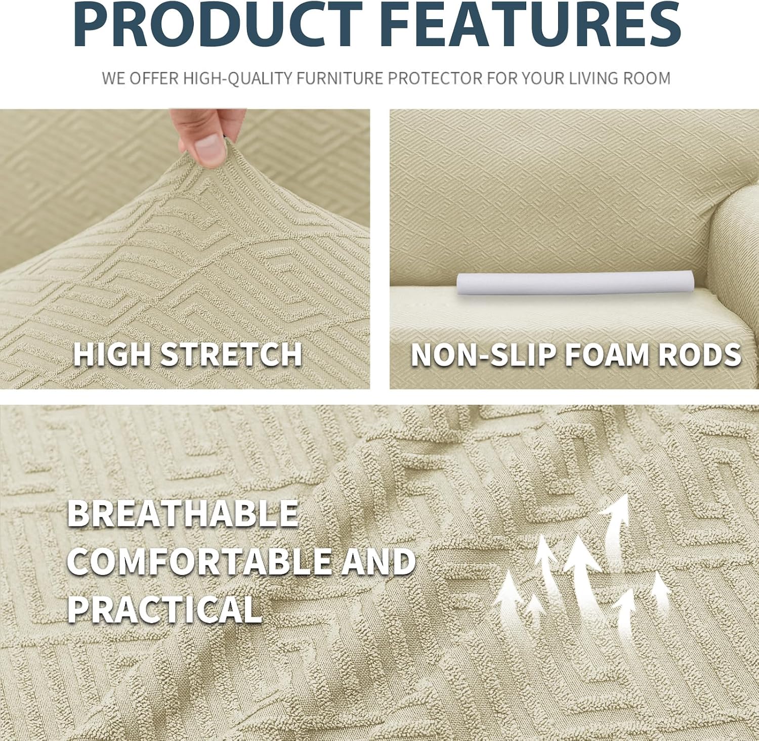 Detalle de Ystyle Housse de canapé extensible 3 places beige clair avec accoudoirs, antidérapante