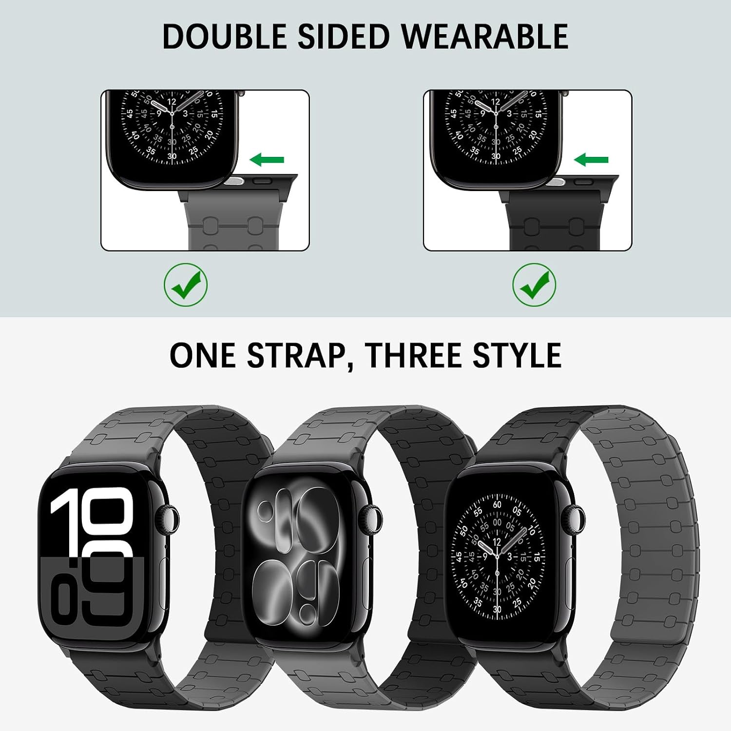 Thumbnail 1 de Sixmoat Double Sided Magnetic Straps for Apple Watch (42mm/41mm/40mm/38mm) – Black-Gray silicone band