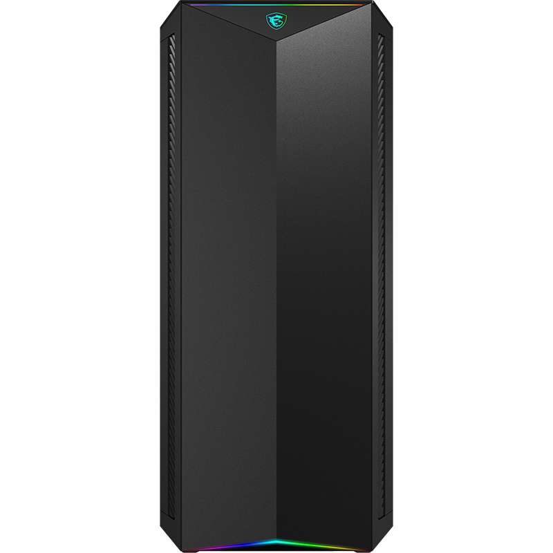 Detalle de MSI MPG Gungnir 100: chassis negro con cristal templado y ARGB