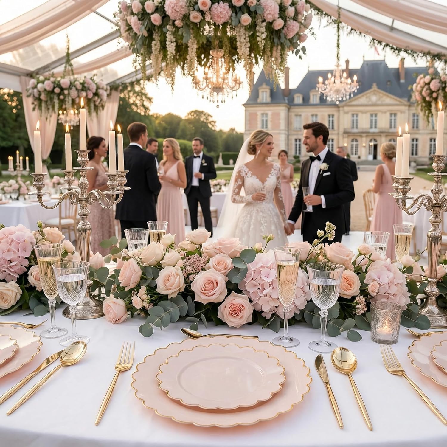 Detalle 2 de LIYH 60 Pcs Pink Plastic Plates with Gold Pink Rim – 30 Dinner (10.25") + 30 Dessert (7.5")