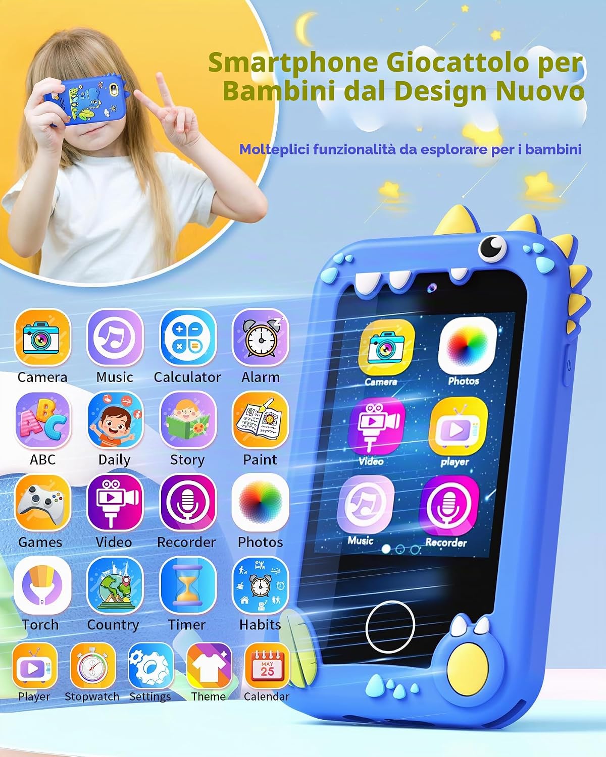 Detalle de Telefono Giocattolo per Bambini con Fotocamere, Musica e Giochi di Puzzle – Dino Theme 3–8 anni