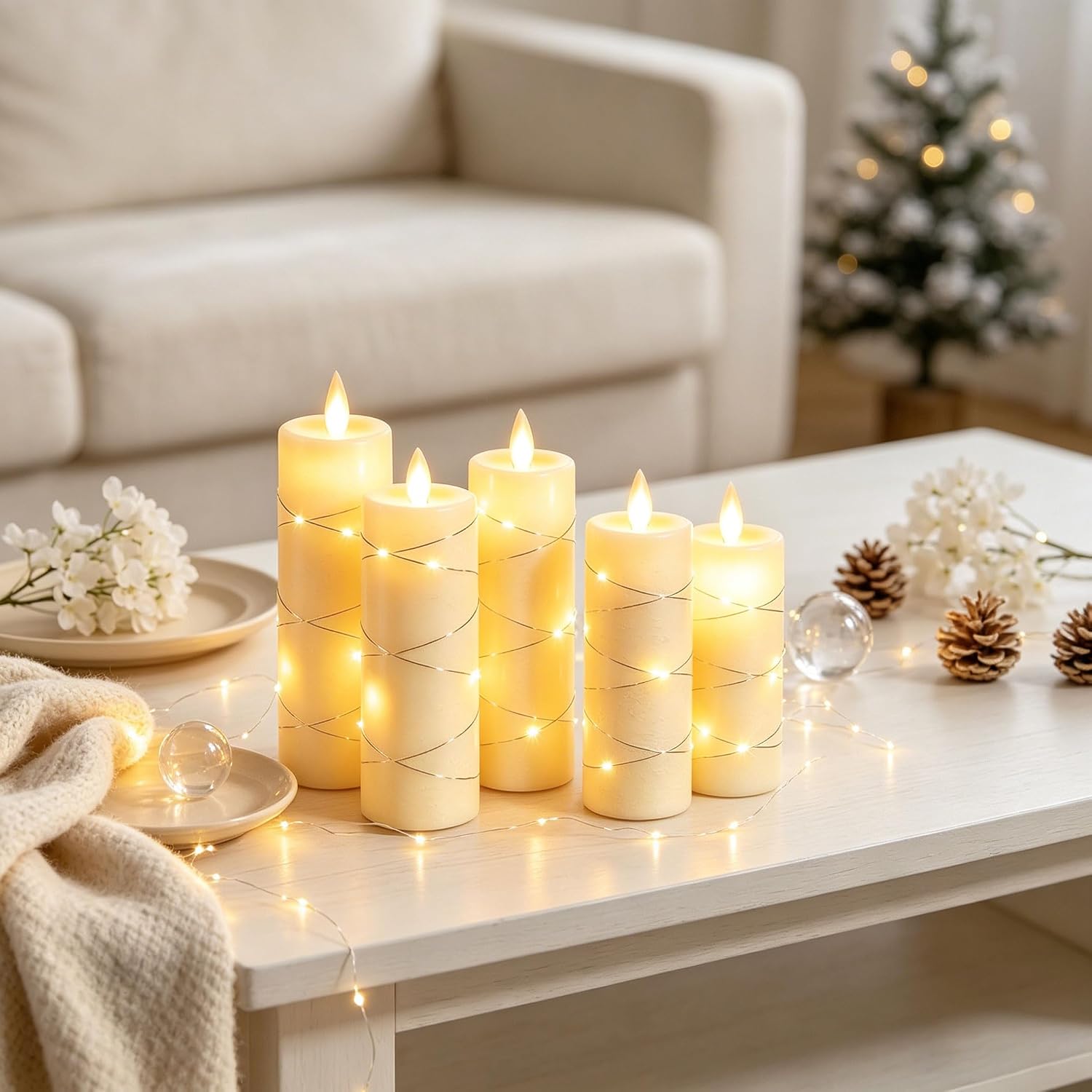 Detalle de Da by 5 Candele LED Avorio in Cera Naturale – Set 5 altezze assortite con telecomando