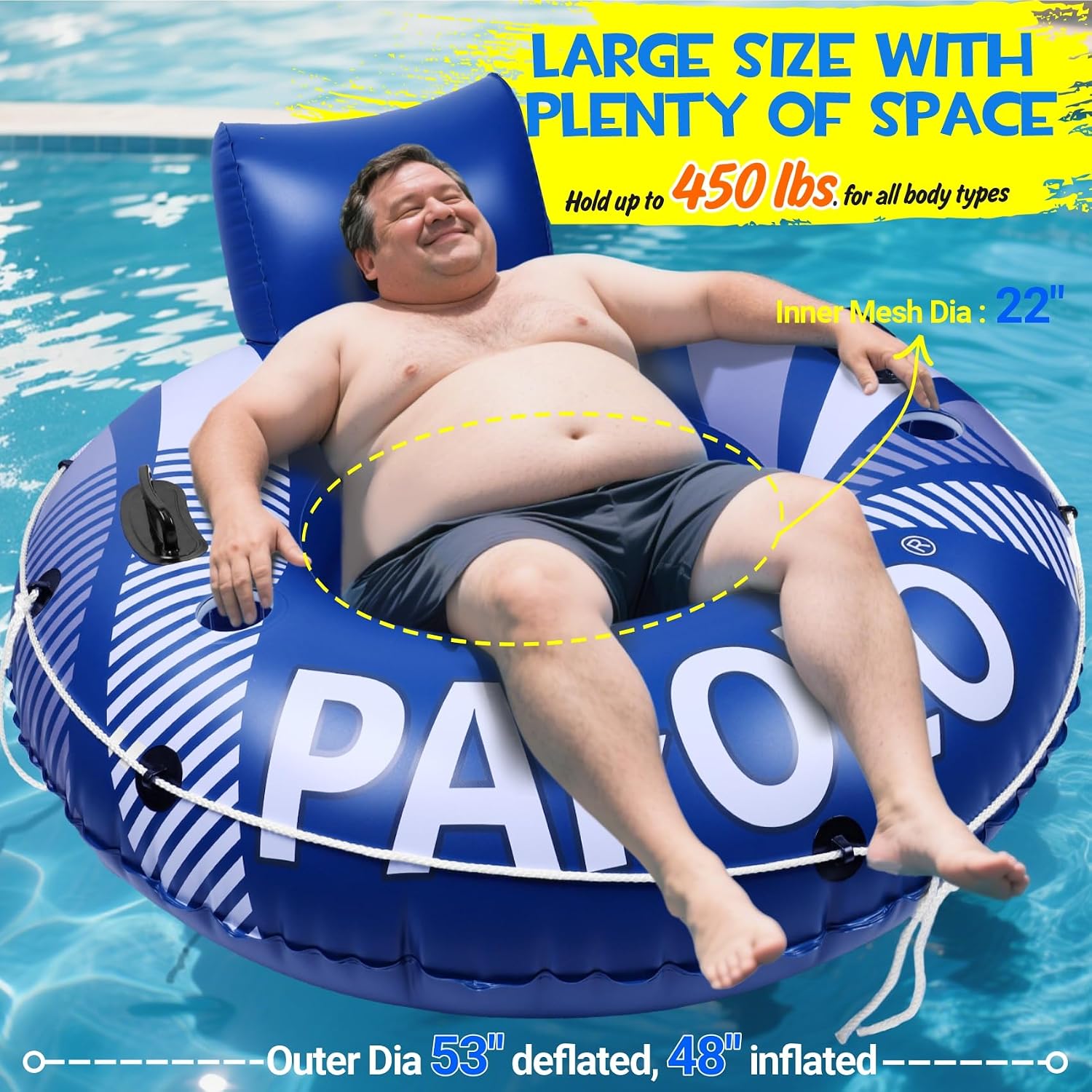 Detalle de PAFOLO 53” Heavy-Duty Pool Floats for Adults with Headrest, Mesh Seat, Grab Rope, Cup Holders and Dual-Seal—Ideal River, Lake, Pool