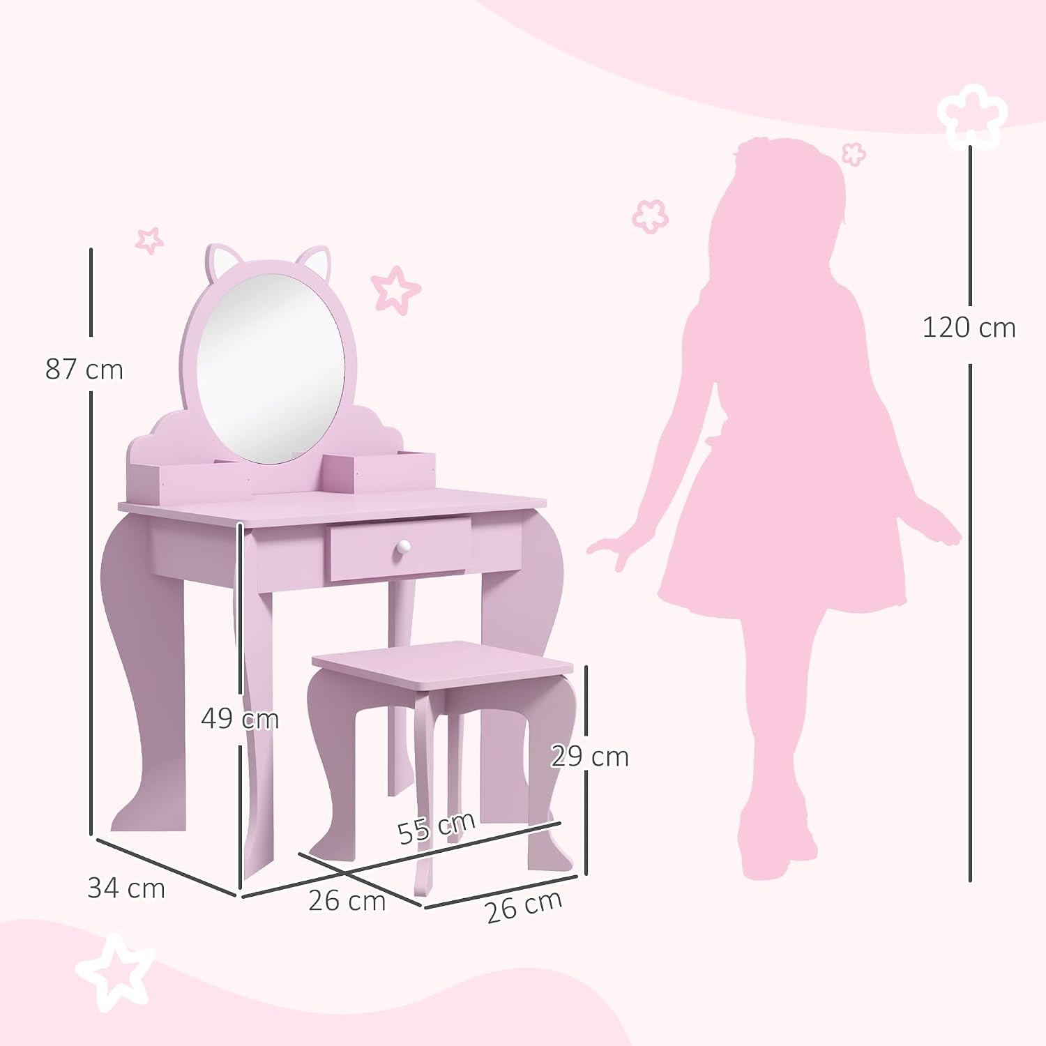 Thumbnail 6 de ZONEKIZ Kids Dressing Table with Mirror and Stool – Pink (Ages 3–6)
