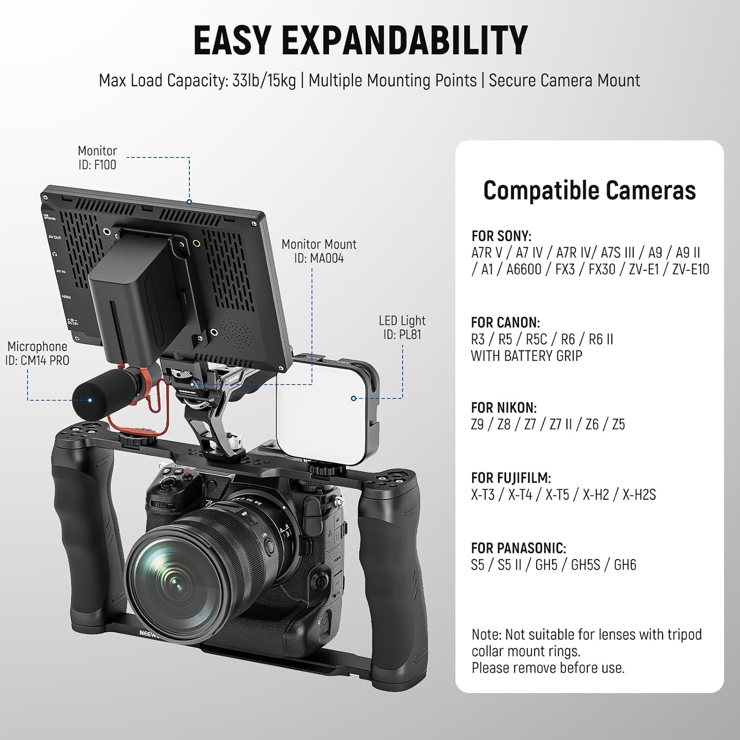 Thumbnail 3 de NEEWER Universal Camera Cage & Top Handle Kit (CA016T) with 3/8" ARRI locating pins and Arca-type base