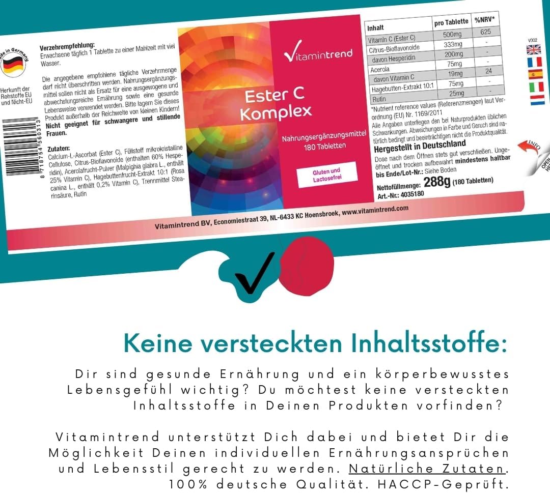 Detalle de Vitamintrend Ester C Komplex: 180 Tabletten, vegane Vitamin-C-Nahrungsergänzung aus Deutschland