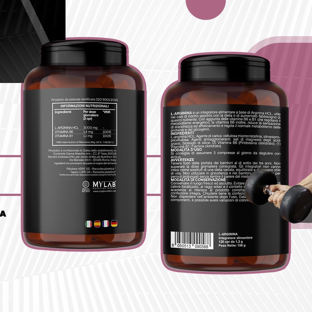 Thumbnail 3 de T-Rex Integratori L-Arginina 1000 mg con Vitamina B1 e B6 – 120 compresse HCL, Vegan, Made in Italy