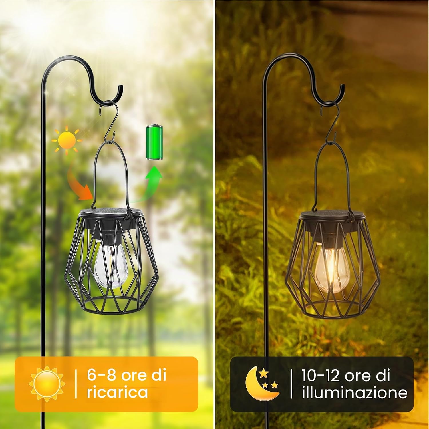 Detalle 2 de Dehobo Lanterne Solari da Esterno 2 Pezzi – Lampade solari IP65 in metallo con LED 2700K per giardino, campeggio e decorazioni