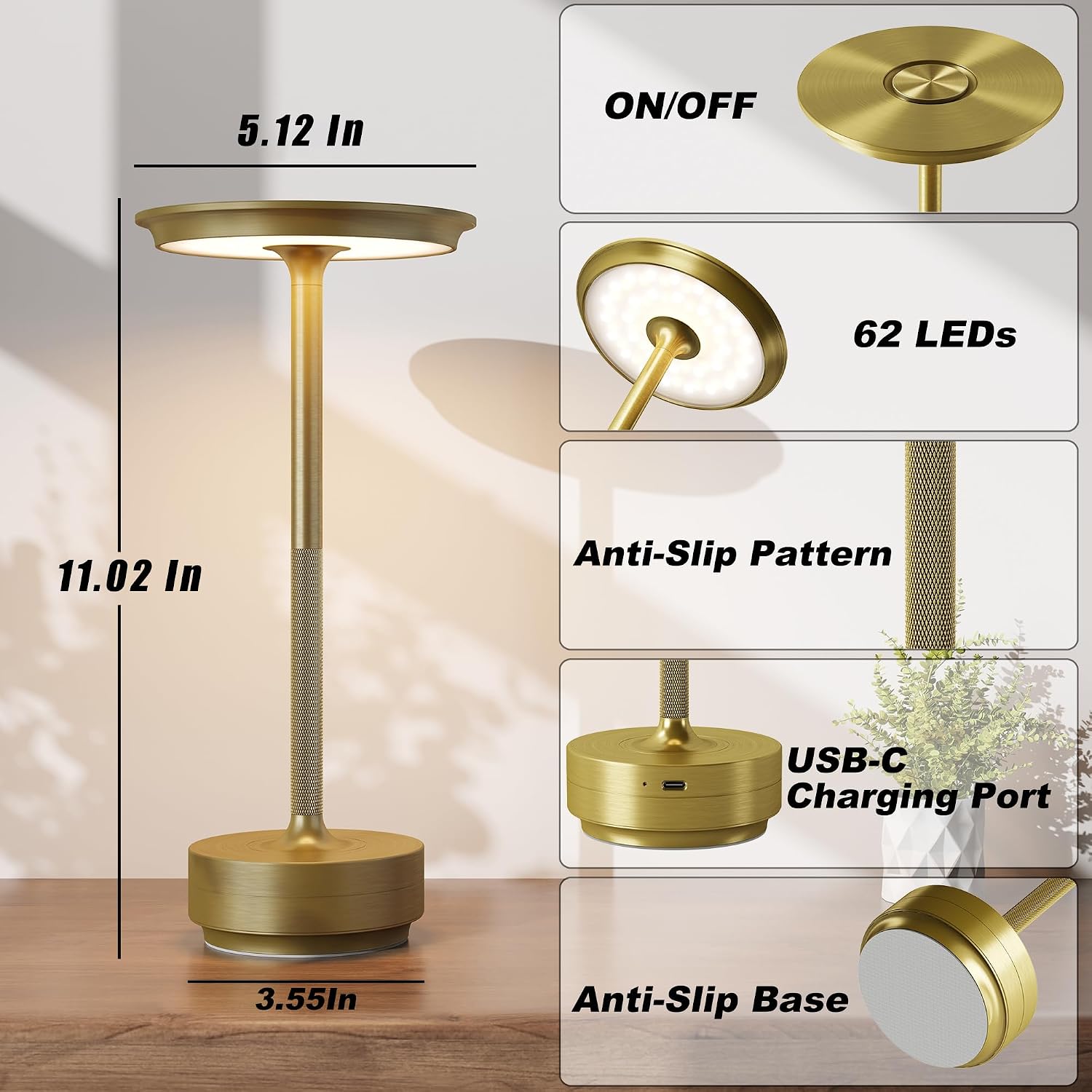 Thumbnail 6 de TBBGA 2-Pack Rechargeable Cordless Table Lamps (Gold) with Stepless Dimming & Memory