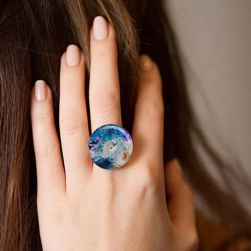 Detalle de Dragon Porter anillo ajustable estilo 12, mandala redondo azul y morado de 3 cm
