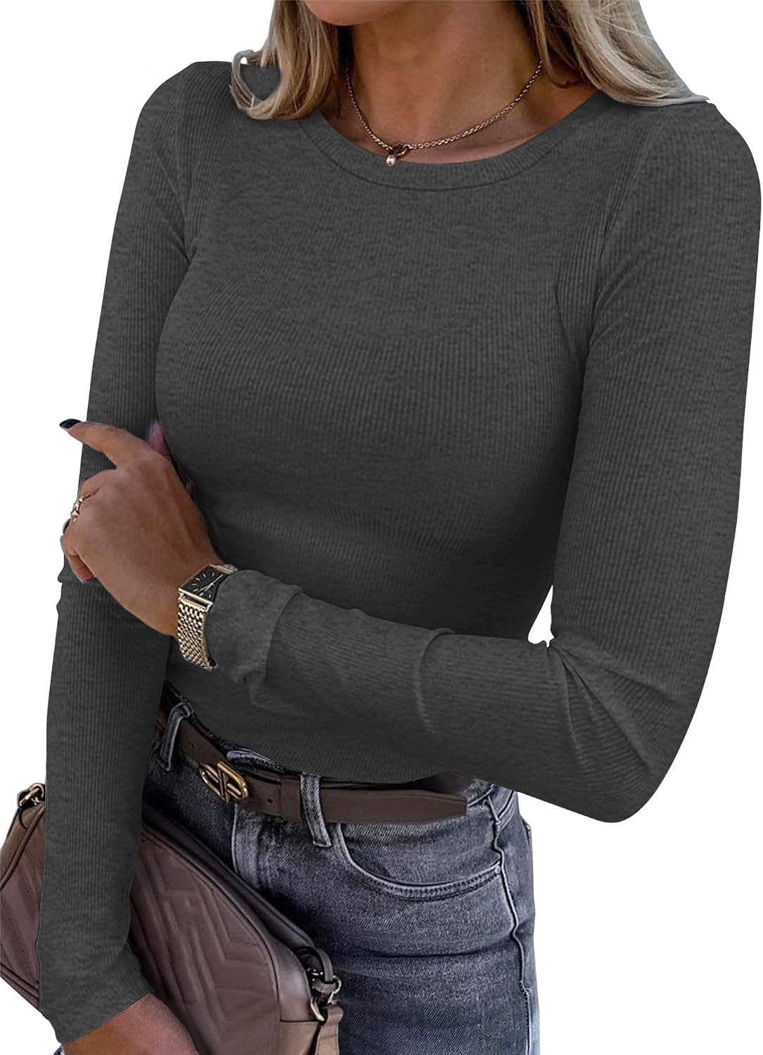 Detalle de Roselux Womens Long Sleeve Ribbed Crewneck Top