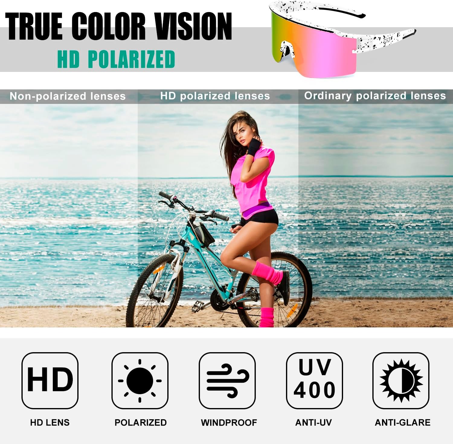 Detalle de SPOSUNE Polarisierte Fahrradbrille mit 3 austauschbaren Gläsern (TR90) – sportliche Sonnenbrille für Lauf- und Radsport