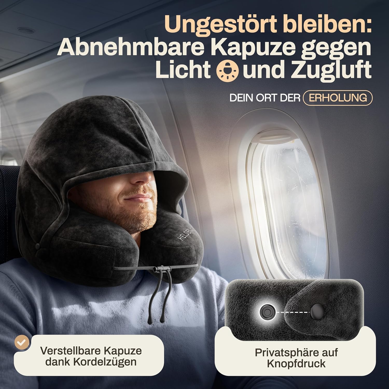 Detalle de HELDENWERK Air Nackenkissen Flugzeug Aufblasbar – ErgoRing-Design, 5 Schlafpositionen