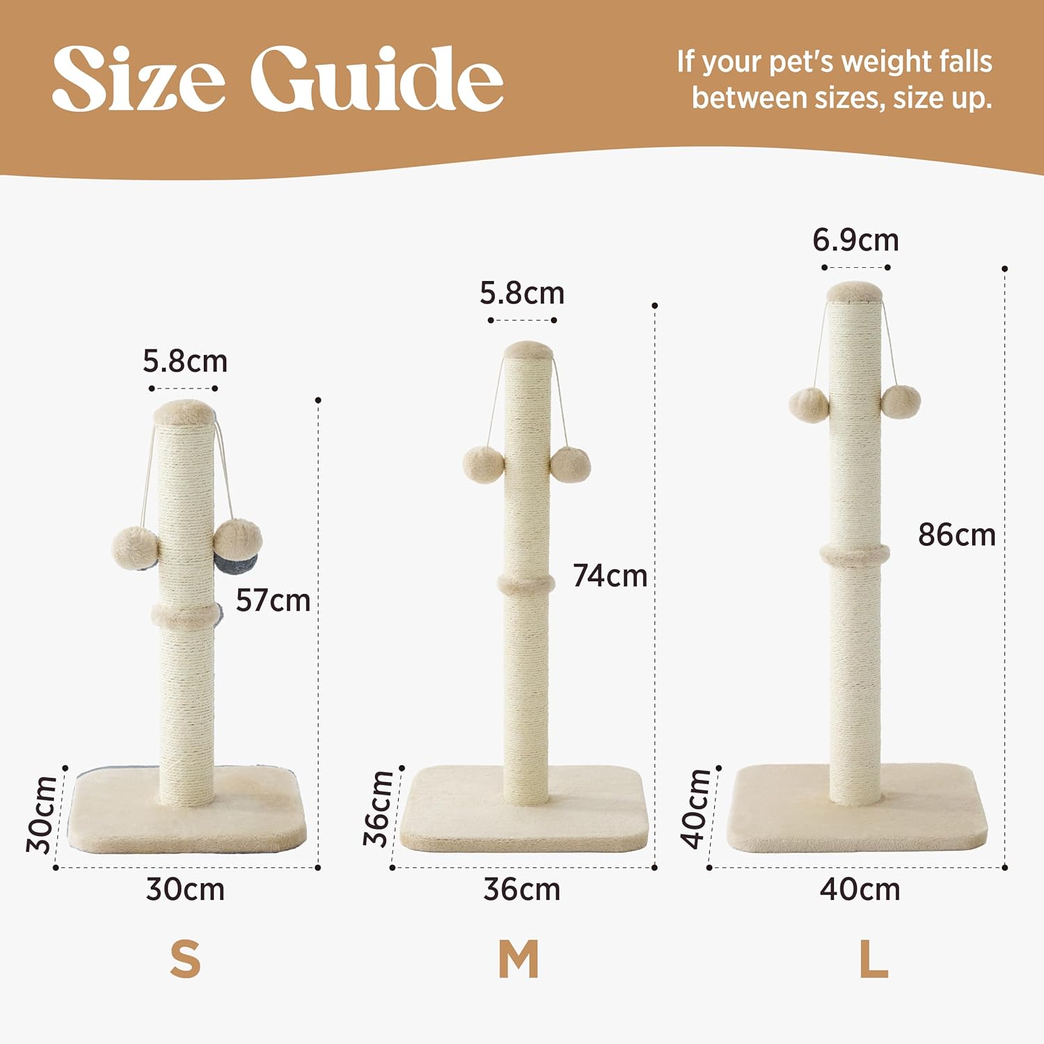 Thumbnail 5 de Lesure Kratzsäule Mittelgroß für Indoor-Katzen (36 × 36 × 74 cm) mit hängendem Spielball, Sisalseil & stabiler Basis – Beige