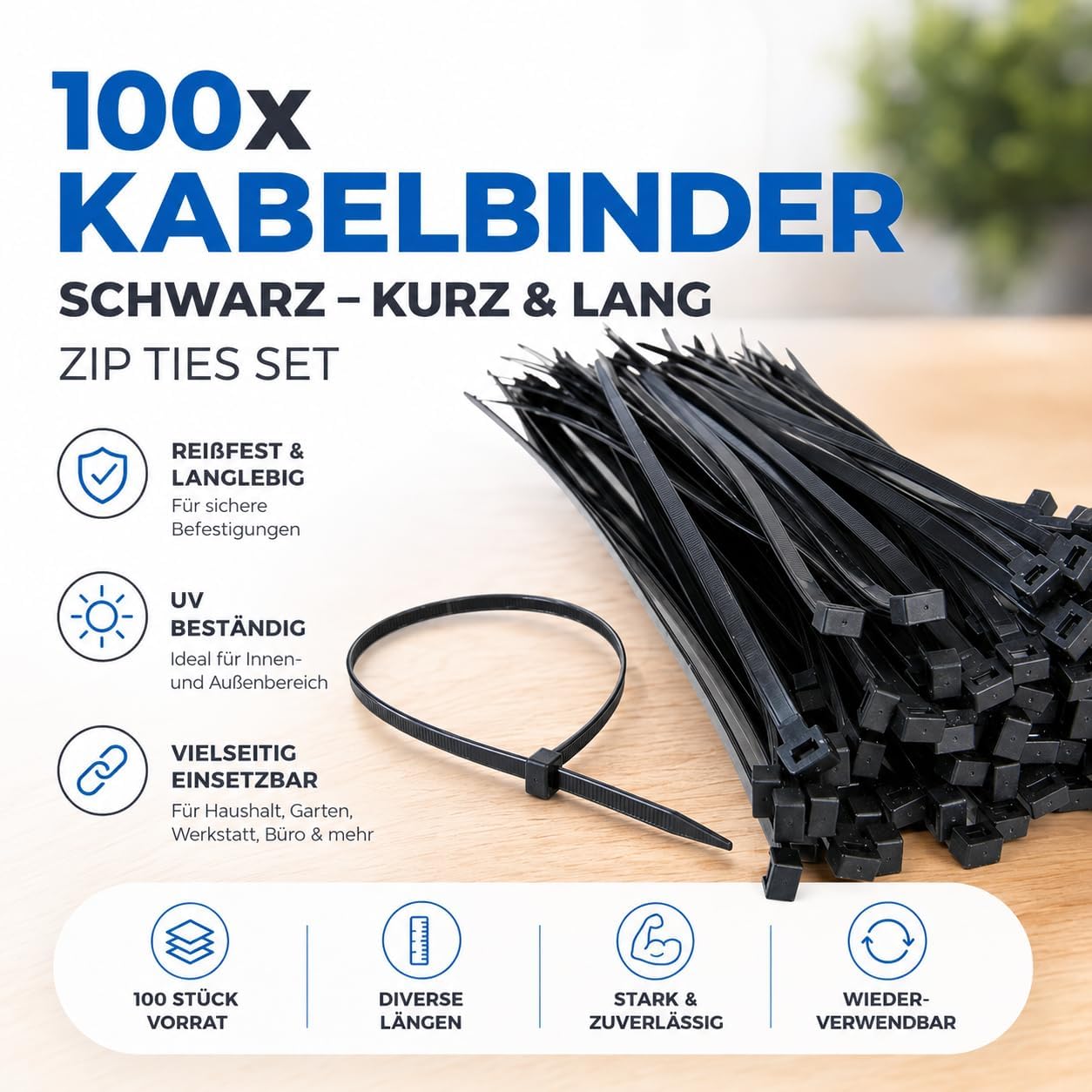 Detalle de TK Gruppe Timo Klingler 100x Kabelbinder schwarz Set (kurz & lang, reißfest, UV-beständig)