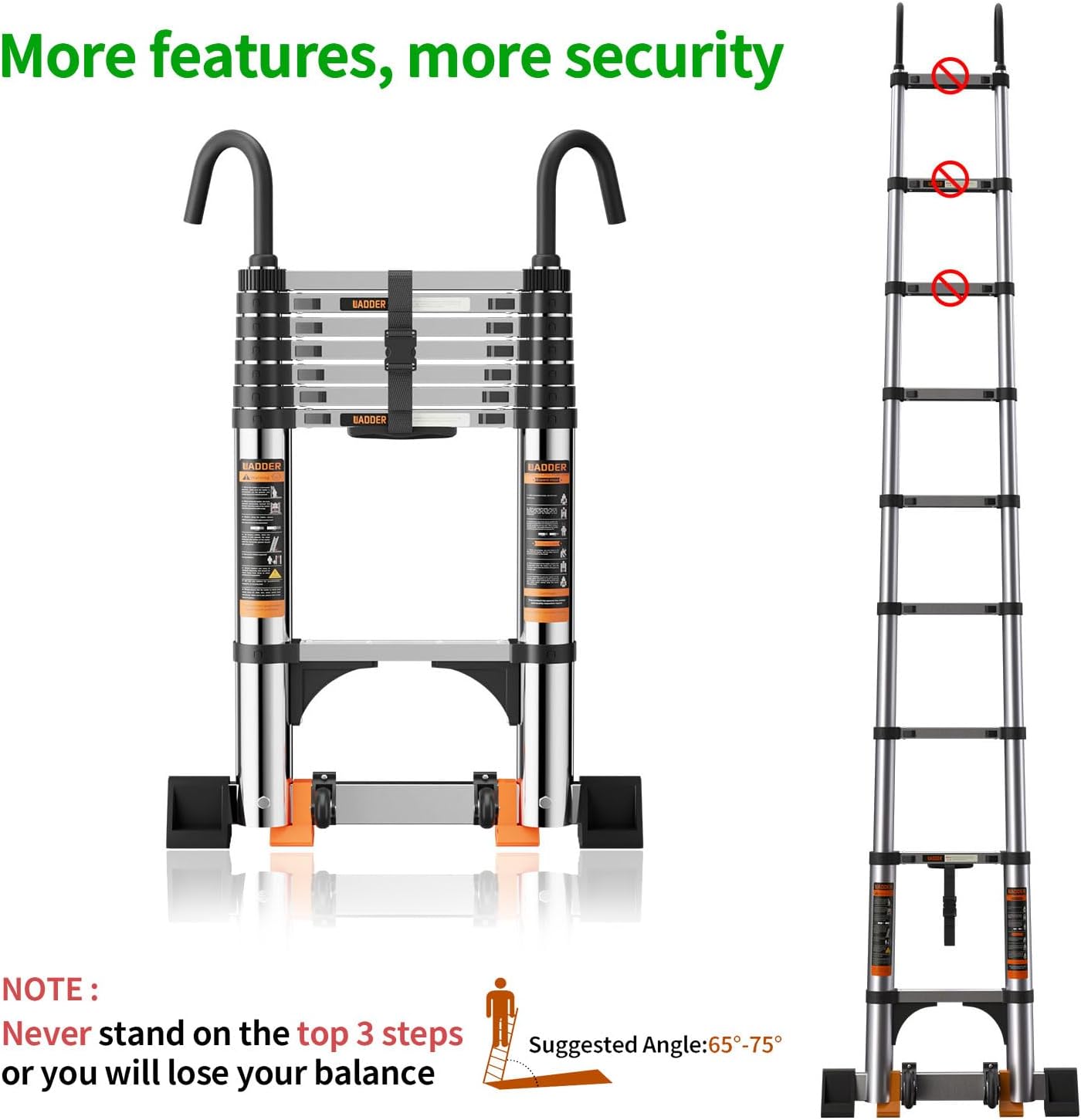 Detalle de Telescopic Ladder 3.8m Stainless Steel Loft Ladder with Stabiliser Bar & Detachable Hooks (12.5ft)