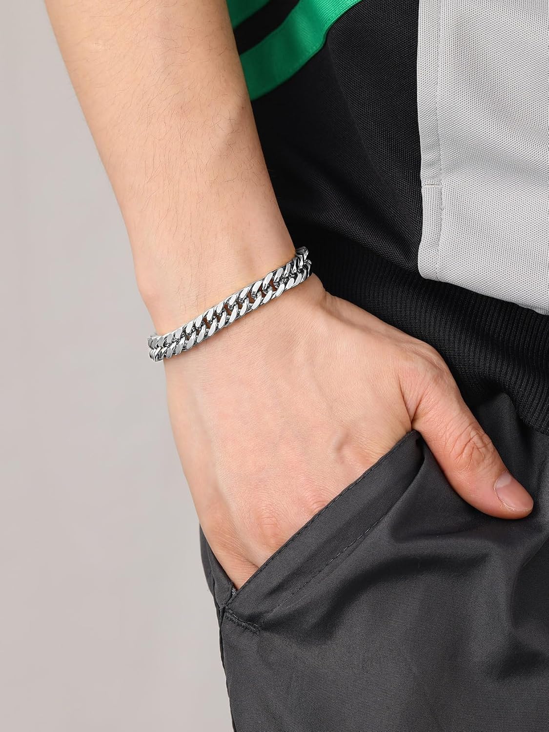 Detalle de HARJJME Herrenarmband aus Edelstahl – 8 mm Breite, 19/21/23 cm, wasserfest, nickel-frei, Sicherheitsverschluss