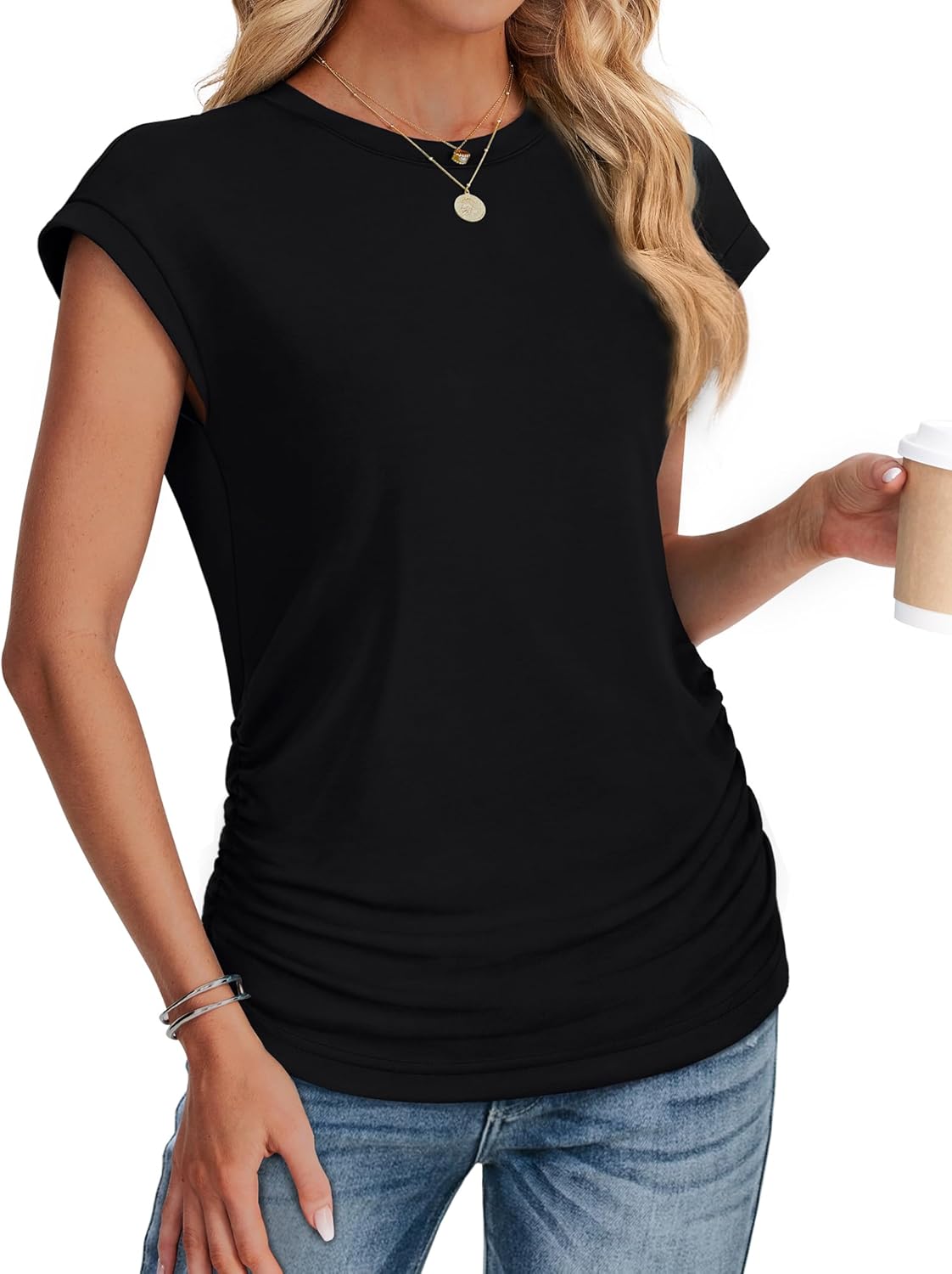 Detalle de SAMPEEL Ruched Cap Sleeve Crew Neck T-Shirts for Women (Summer 2025)