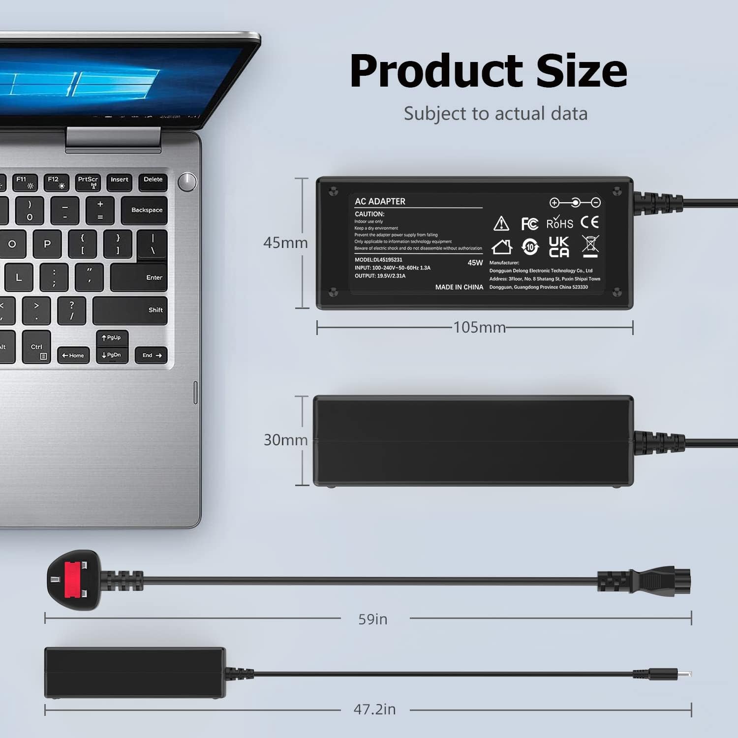 Thumbnail 6 de 45W Laptop Charger for Dell (19.5V 2.31A) with 4.5*3.0mm DC tip – Compatible with Inspiron, Vostro & Latitude