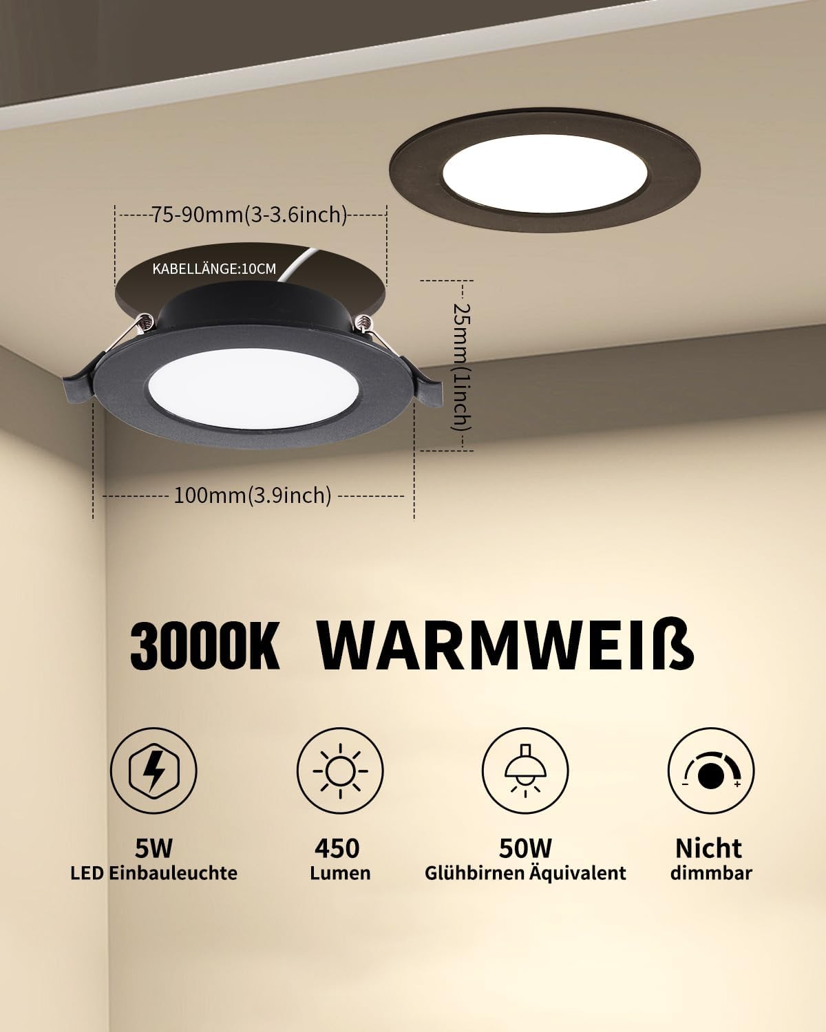 Thumbnail 1 de Grebeam LED Deckenspots Schwarz, 5W – 20er Set, IP44, 3000K Warmweiß, 450 lm, Ø75–90 mm, Einbauleuchten für Bad