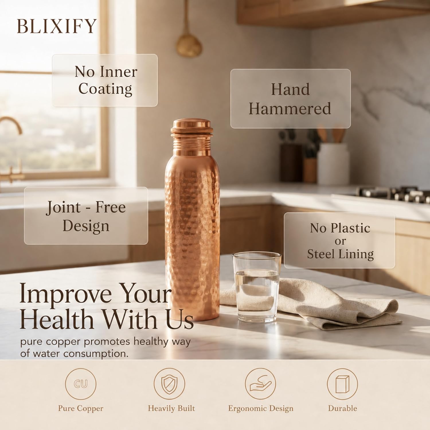 Thumbnail 1 de BLIXIFY BX_CB_0 Copper Water Bottle, 34 oz Hand-Hammered Design, Wide Mouth