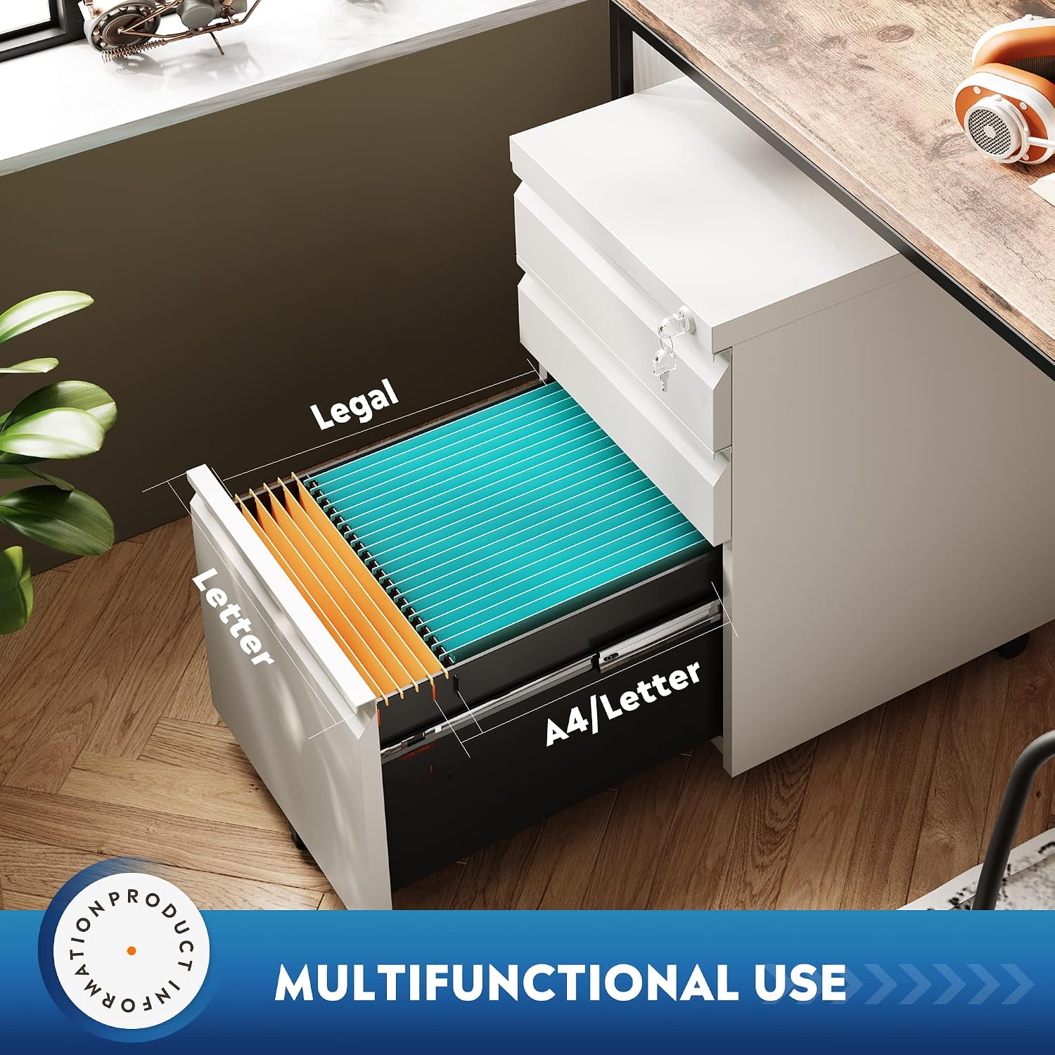Thumbnail 4 de DEVAISE AHDG025WH 3-Drawer Mobile File Cabinet, White, Locking, Under-Desk