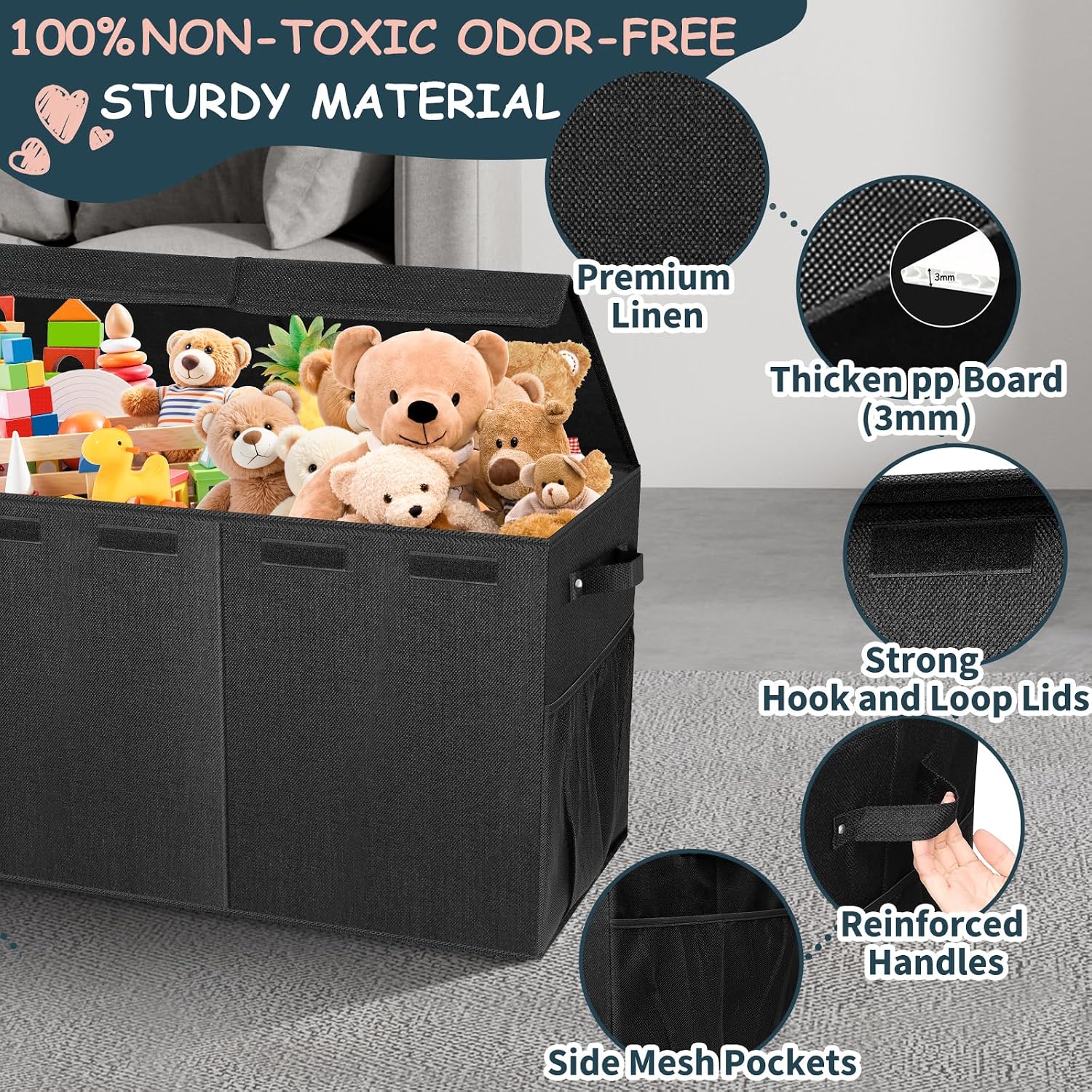 Detalle 2 de Rocamdo Extra Large Toy Box, 38" x 16" x 14", Black Linen with Lids