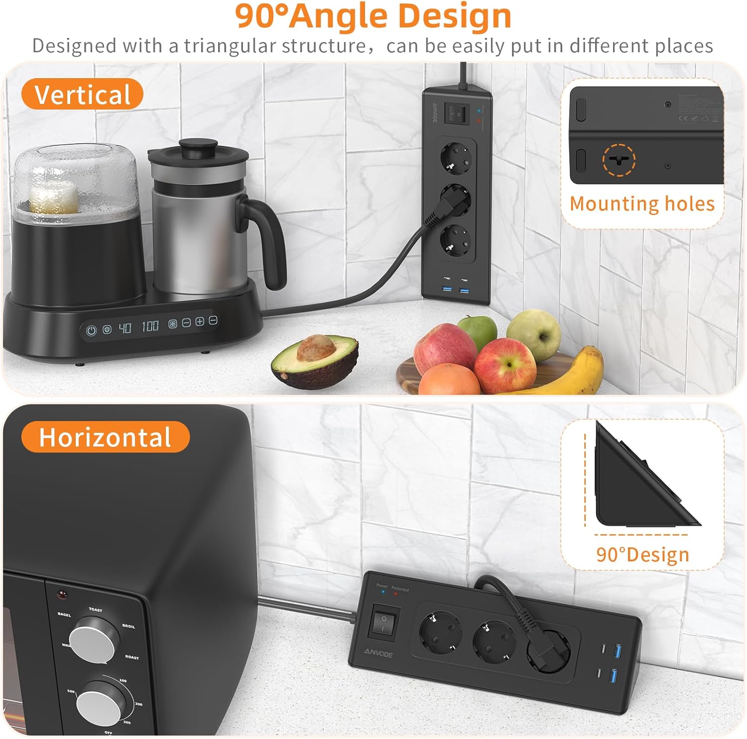 Thumbnail 3 de Ecksteckdose mit USB-A & 2× USB-C (3-fach) – Ecksteckdosenleiste mit Schalter und 2-m-Kabel