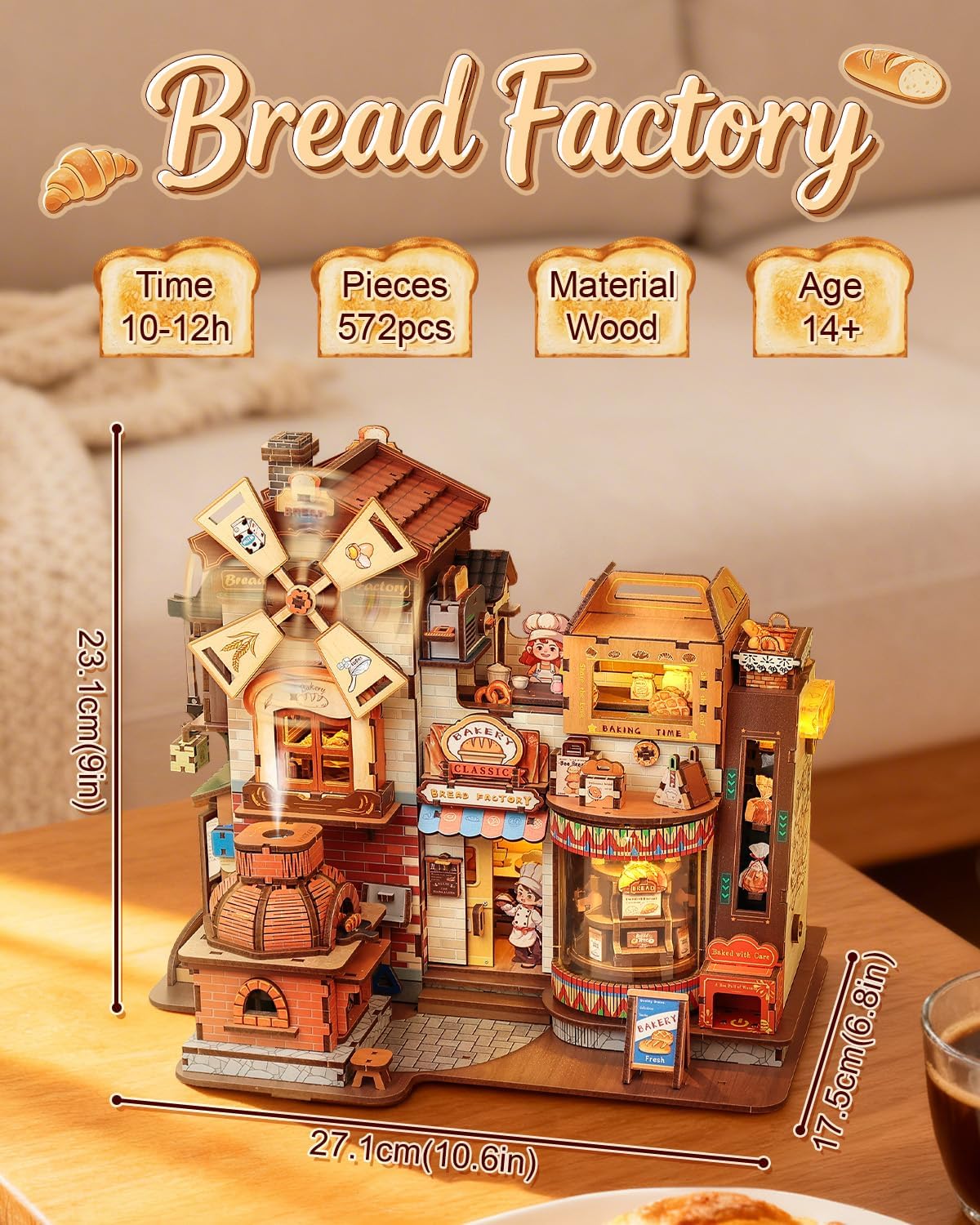 Thumbnail 1 de CUTEBEE 3D Holz Modellbau-Set Spieluhr mit LED, Musik & Rauchnebel (Typ-C, drehbares Display) – Brotfabrik