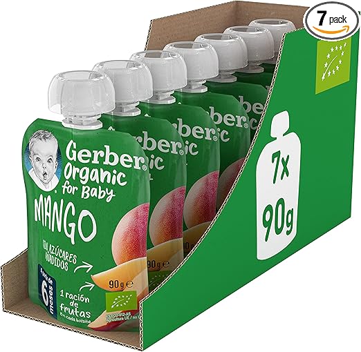 GERBER Organic Mango, Bolsitas de Puré para Bebés, 7x90g 🍑