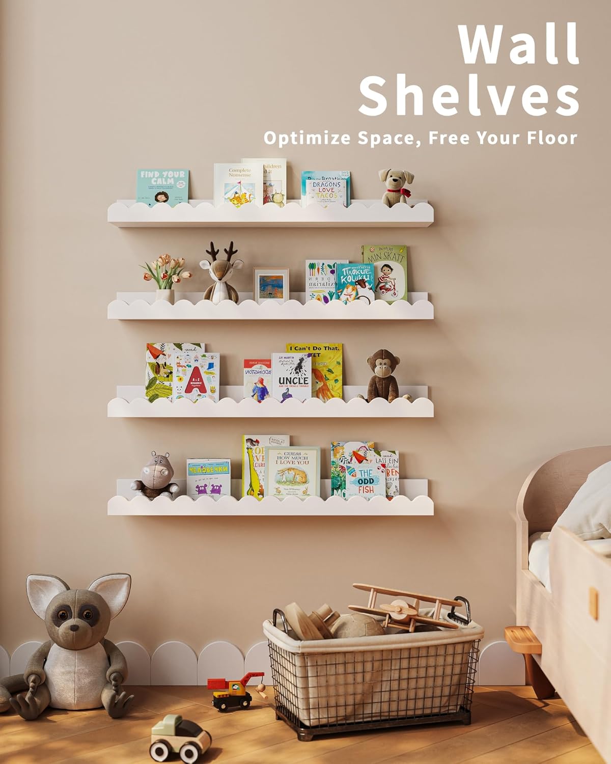 Thumbnail 3 de Shario Nursery Book Shelves 4-Pack White Floating Scalloped Wall Shelves for Kids